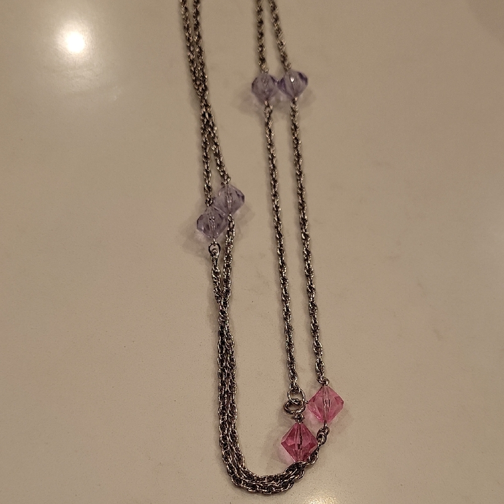 26in  Silver Necklace with Pink and Purple Accents
